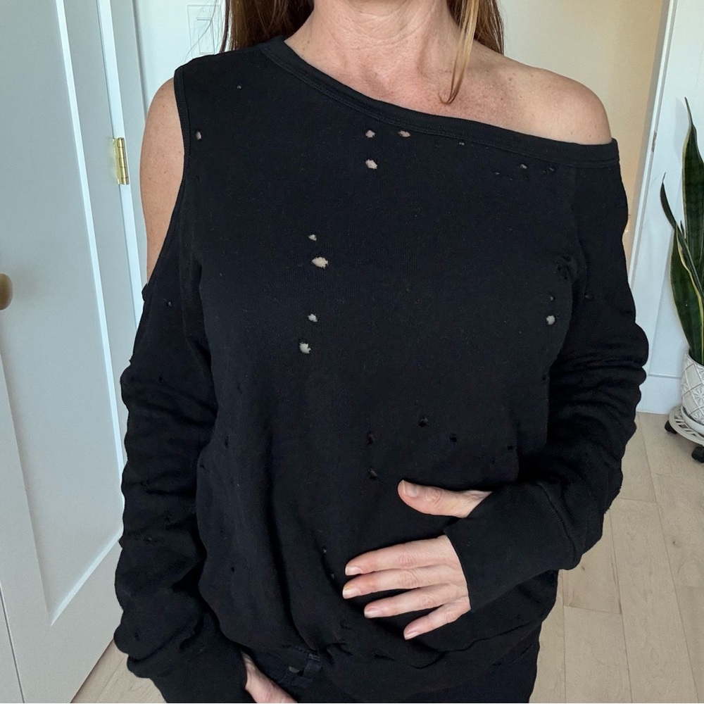Michael Lauren From revolve Black Off-Shoulder Distressed Sweater
